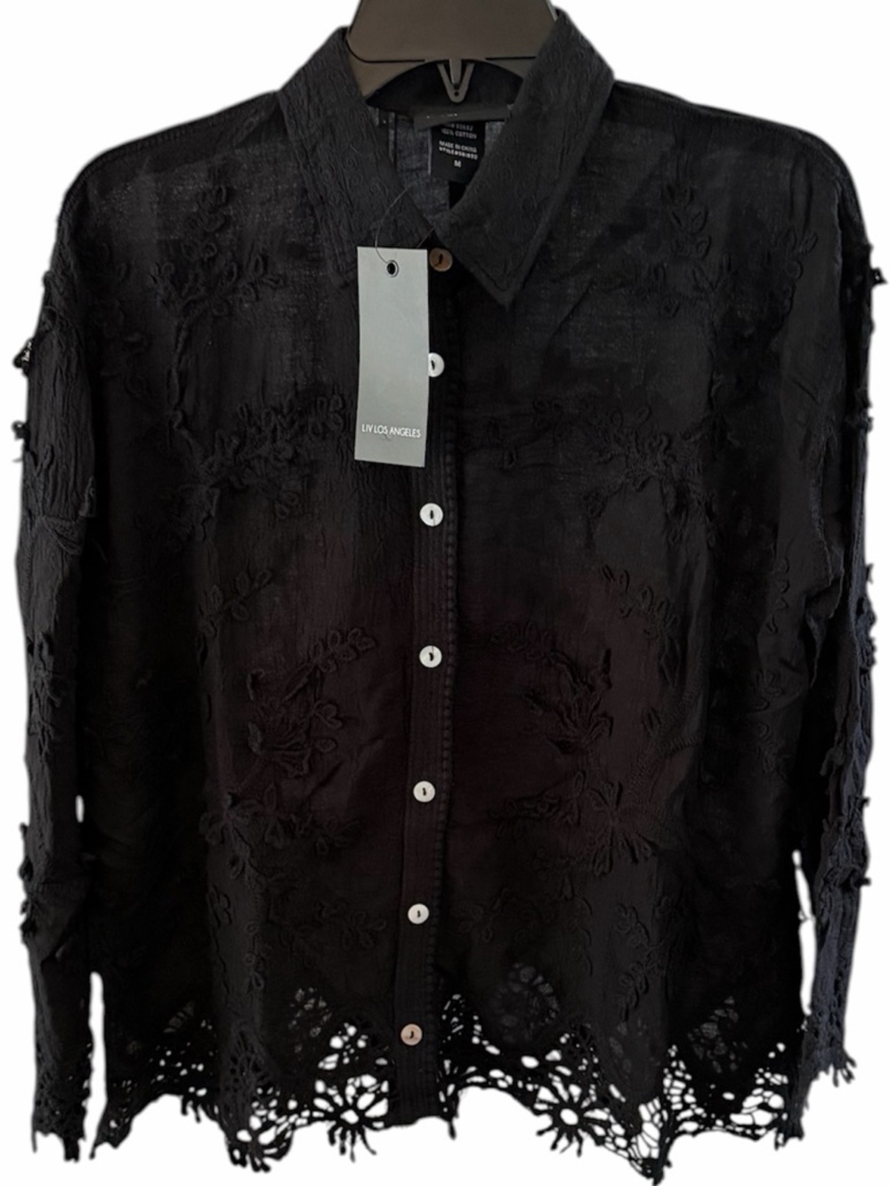 Elegant Black Embroidered Women's Button Down Shirt